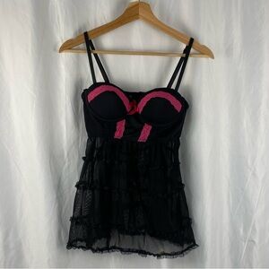 Black Fuchsia By Secret Lace Black and Pink Lace Sexy Babydoll Size Small